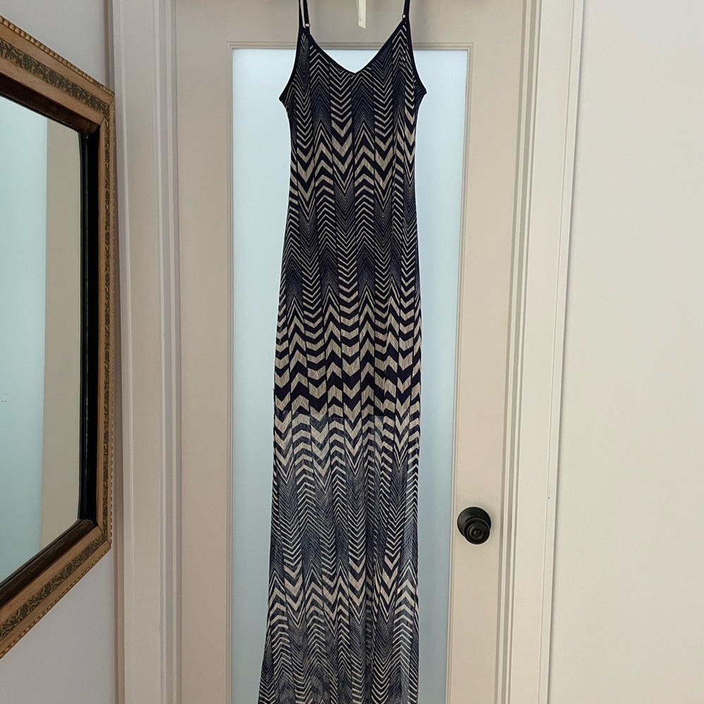 Sheer dress.  Navy blue and white.  Short slip with sheer overlay.